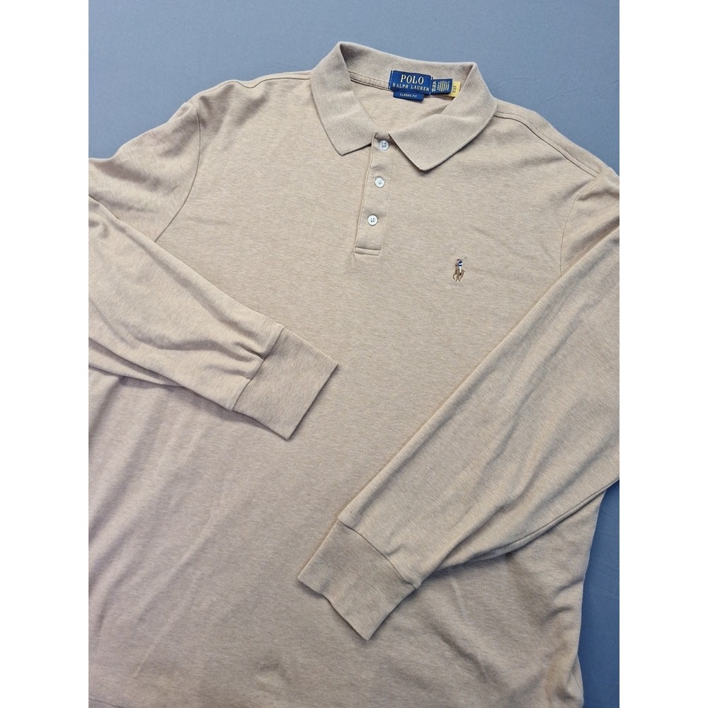 Polo Ralph Lauren Polo Mens XL Tan Beige Cotton Long Sleeve Golf Preppy Casual